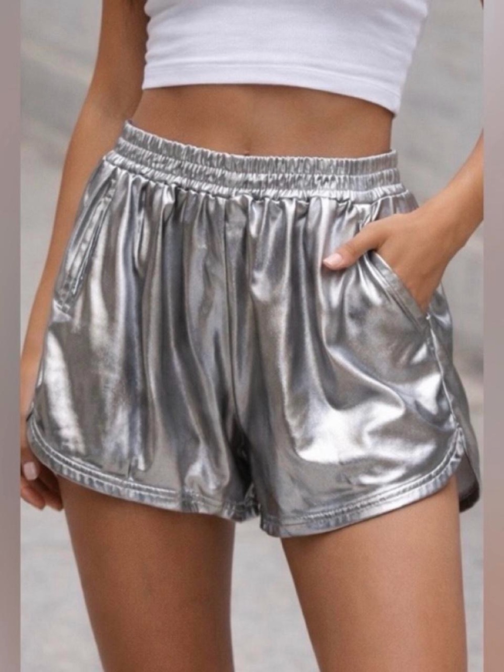 Shiny Silver Metallic Athletic Lounge Shorts with Elastic Waist Medium